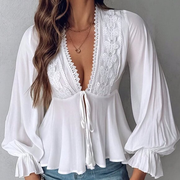 White Sexy Women's Contrast Lace Long Lantern Sleeve Blouse Peplum Top - Picture 1 of 3